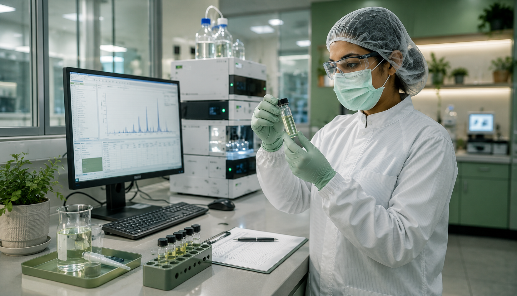 Quality-control specialist reviewing a sample in a modern analytical laboratory