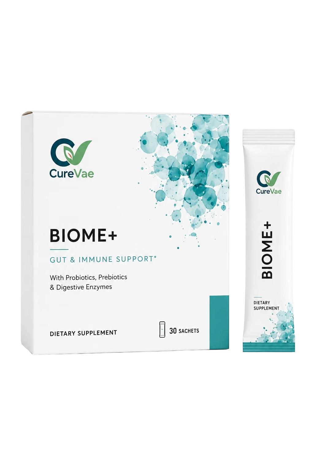 CureVae Biome+ carton and sachet