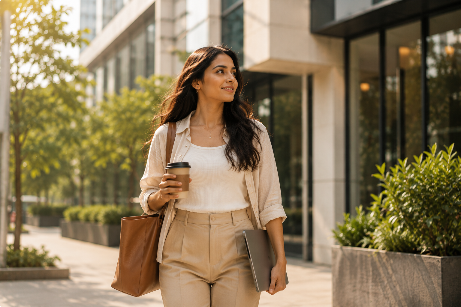 Woman moving confidently through her day outdoors