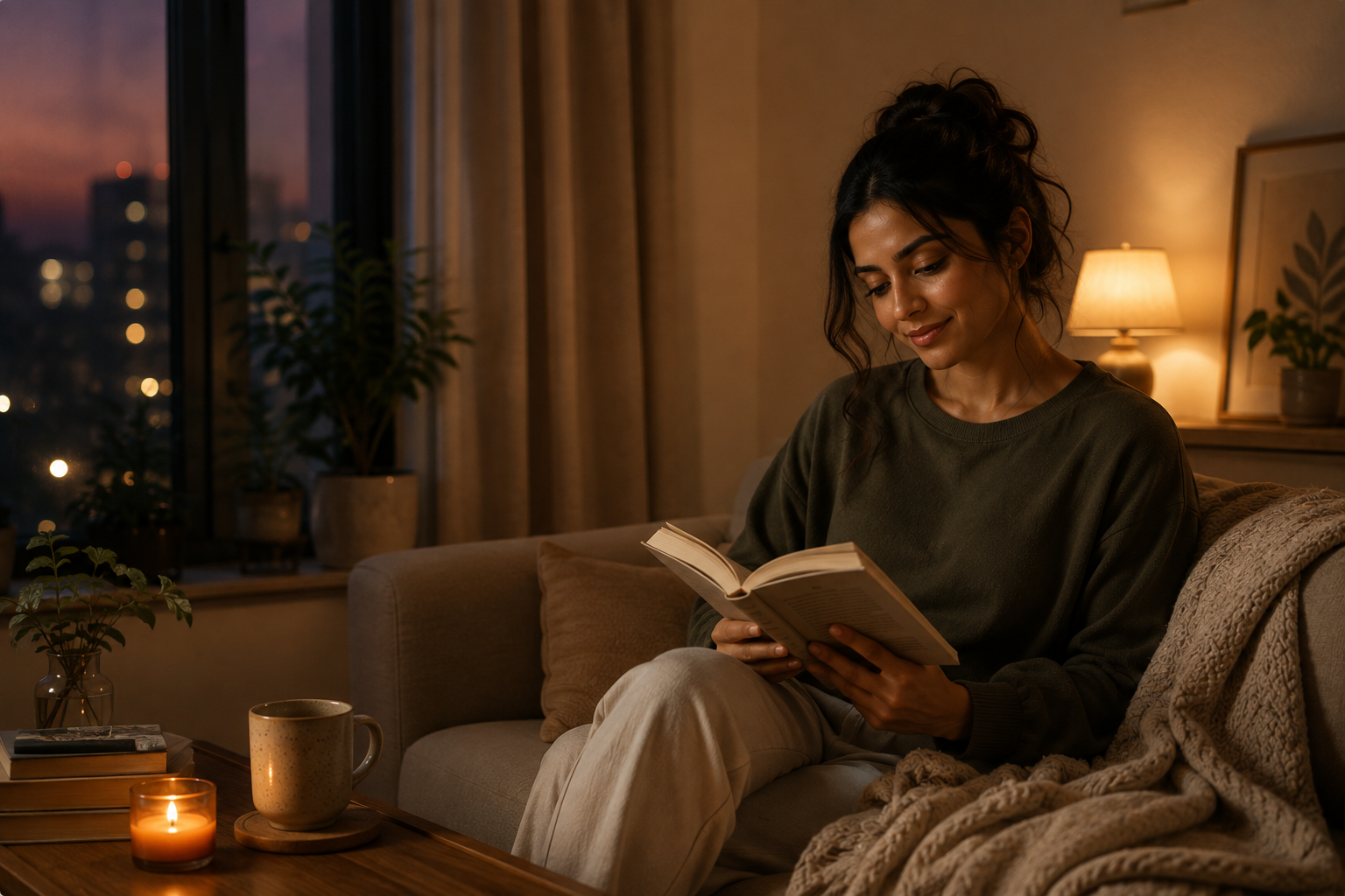 Woman unwinding with a book during a calm evening at home