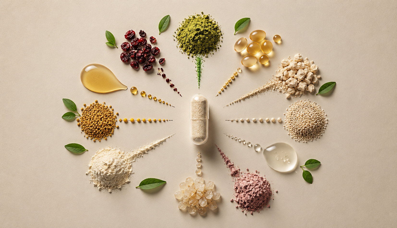 Ingredient forms arranged around a capsule to represent considered formulation architecture
