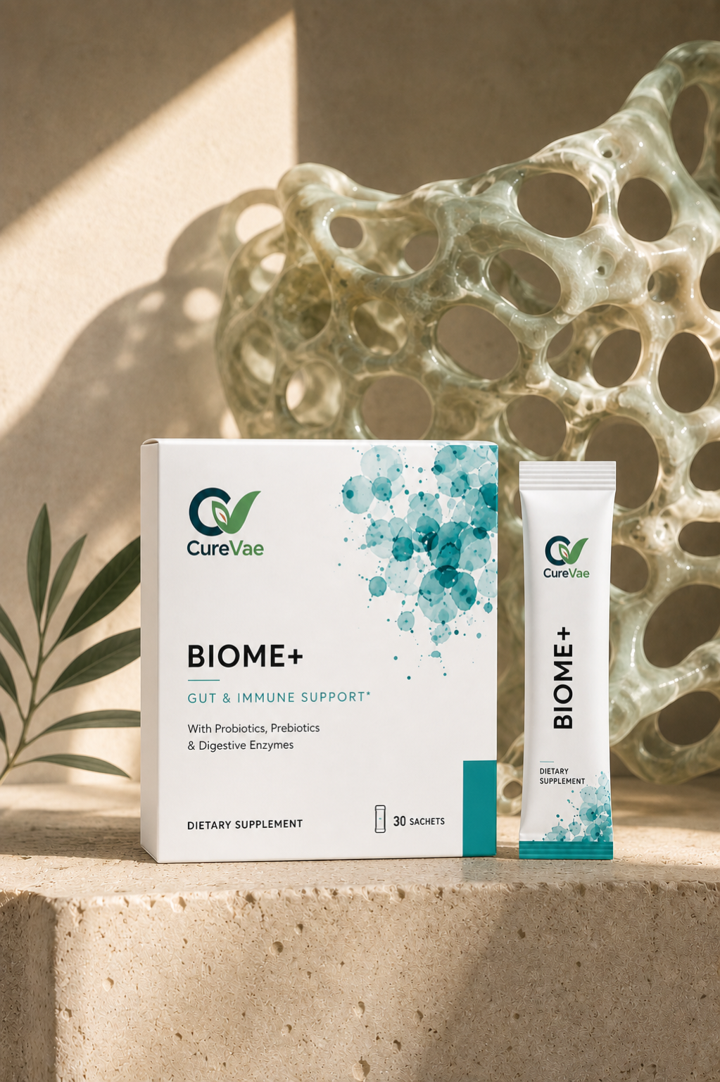 CureVae Biome+ displayed in a warm science-led composition