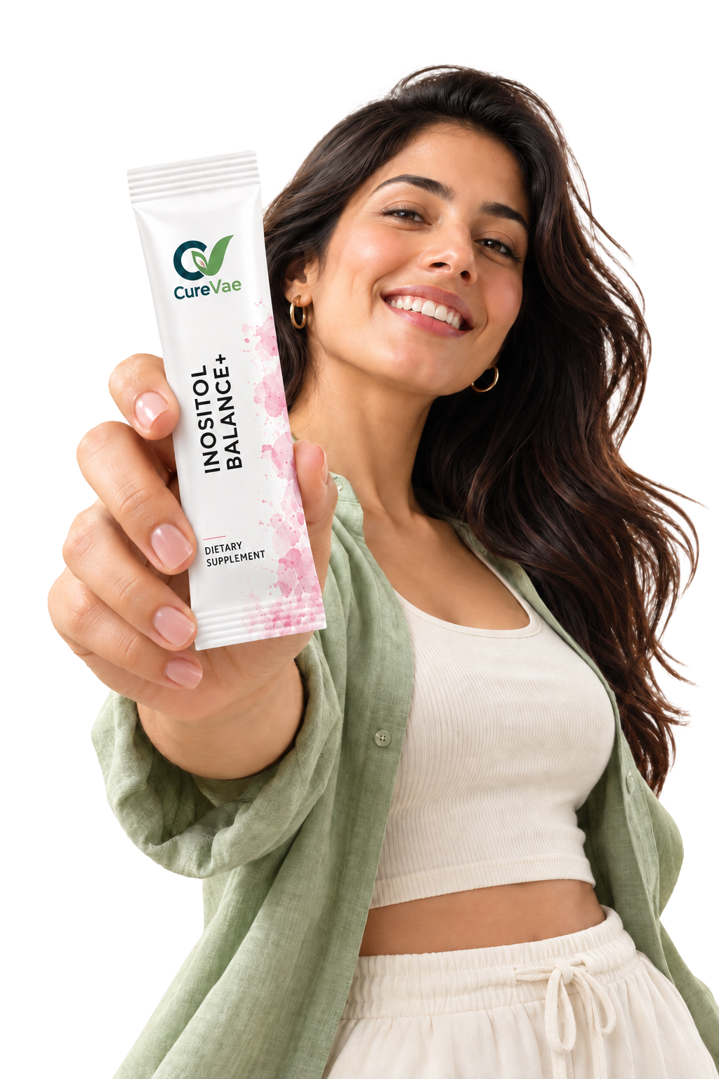 Woman holding a CureVae Inositol Balance+ sachet