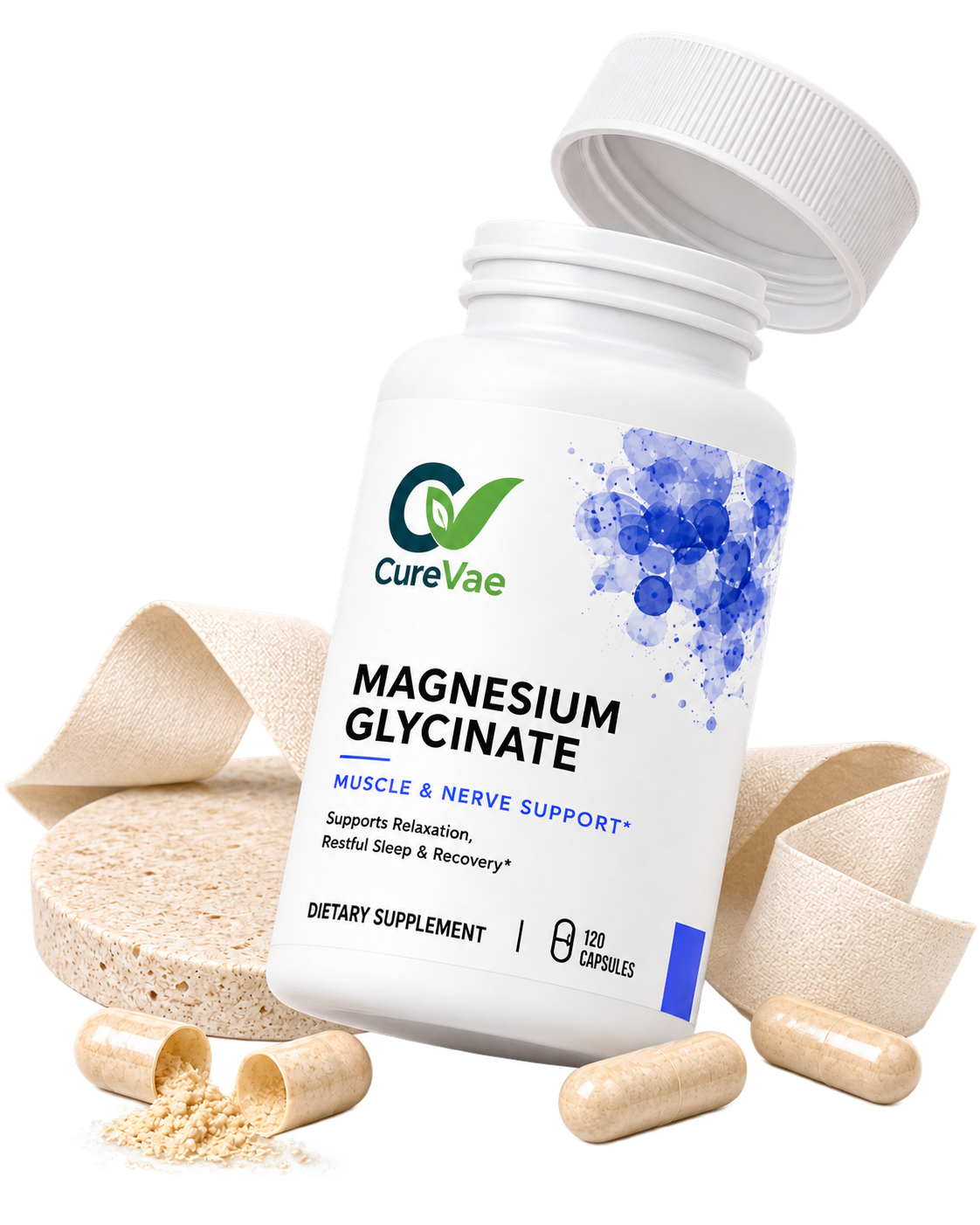 Open CureVae Magnesium Glycinate bottle with capsules in an evening-routine still life