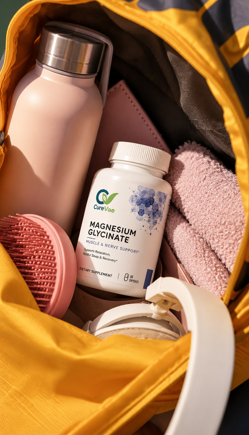 Magnesium glycinate benefits displayed above capsules held in a hand